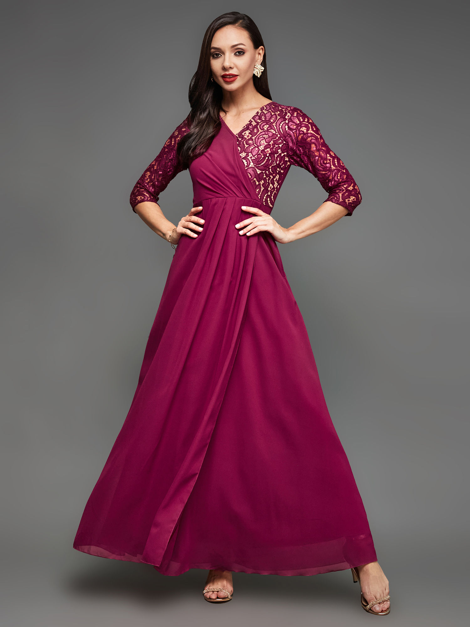 miss chase Women's Dark Pink Colored V-Neck 3/4 Sleeves Wrap Maxi Party Dress-picture-24