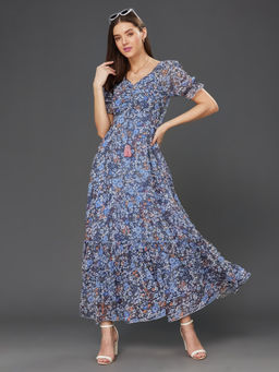 Miss Chase - Women's Multicolored-Base-Navy Blue V-Neck Floral Printed Maxi Dress