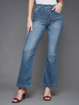 Miss Chase - Women's Light Blue Wide-Leg Mid Rise Blast Effect Light Weight Denim Jeans