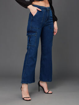 Miss Chase - Womens Blue Wide-Leg High-Rise Clean-Look Stretchable Cargo Denim Jeans