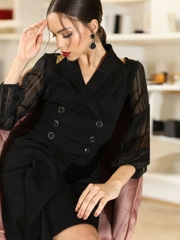 Miss Chase - Womens Black Shawl Collar Bishop Sleeves Double Breasted Blazer Dress