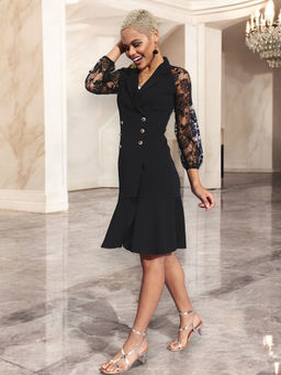 Miss Chase - Womens Black Notch Lapel Neck Solid Ruffled Knee Length Blazer Dress