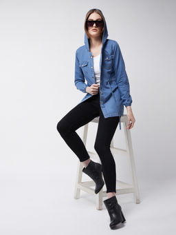Miss Chase - Women Light Blue Round Neck Hoody with Tie Up Long Denim Jacket