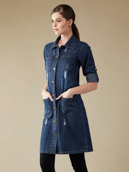 Miss Chase - Women Navy Blue Solid Collar Neck Denim Overcoat Knee Length Jacket