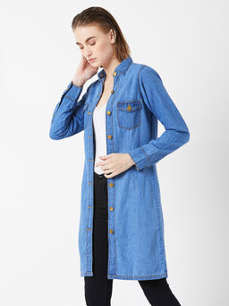 Miss Chase - Women Blue Collar Neck Full Sleeves Light Weight Denim Knee Long Shrug