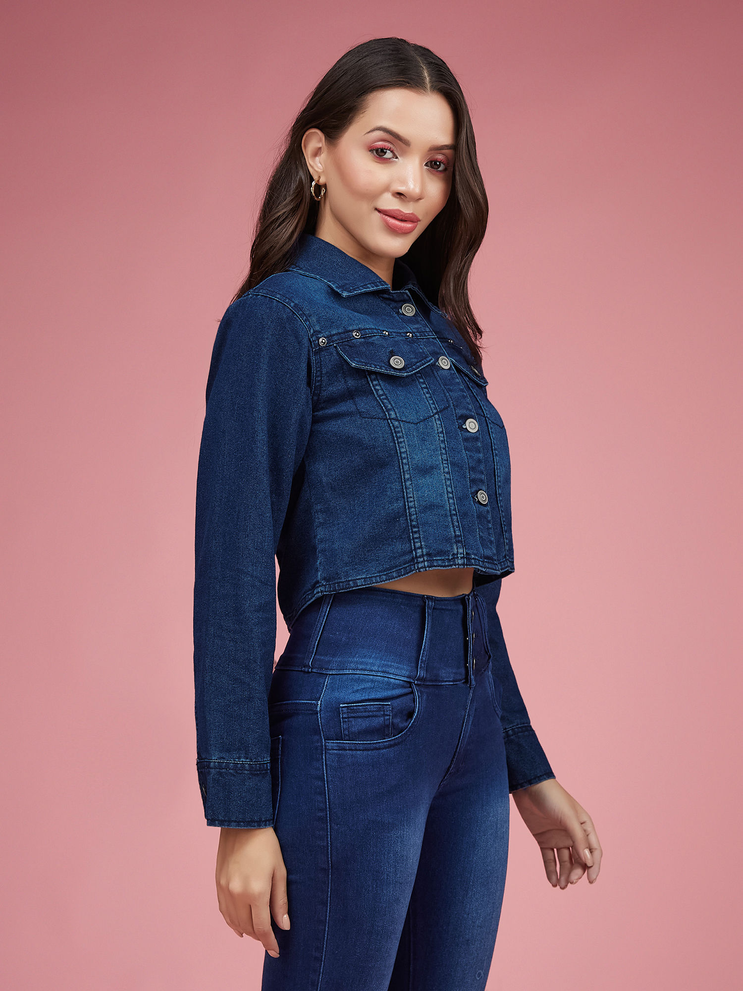 miss chase Women Navy Blue Solid Collar Neck Buttoned Denim Cropped Jacket-picture-21