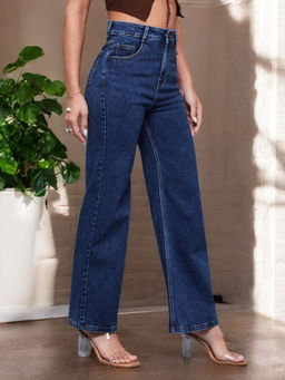 Miss Chase - Mid Blue Wide Leg High Rise Regular Stretchable Denim Jeans