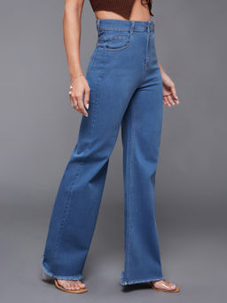 Miss Chase - Mid Blue Wide Leg High Rise Regular Stretchable Denim Jeans