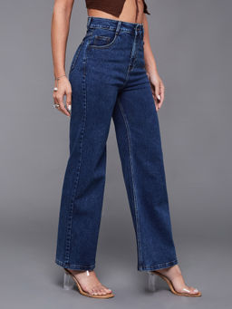 Miss Chase - Mid Blue Wide-Leg High-Rise Stretchable Denim Jeans