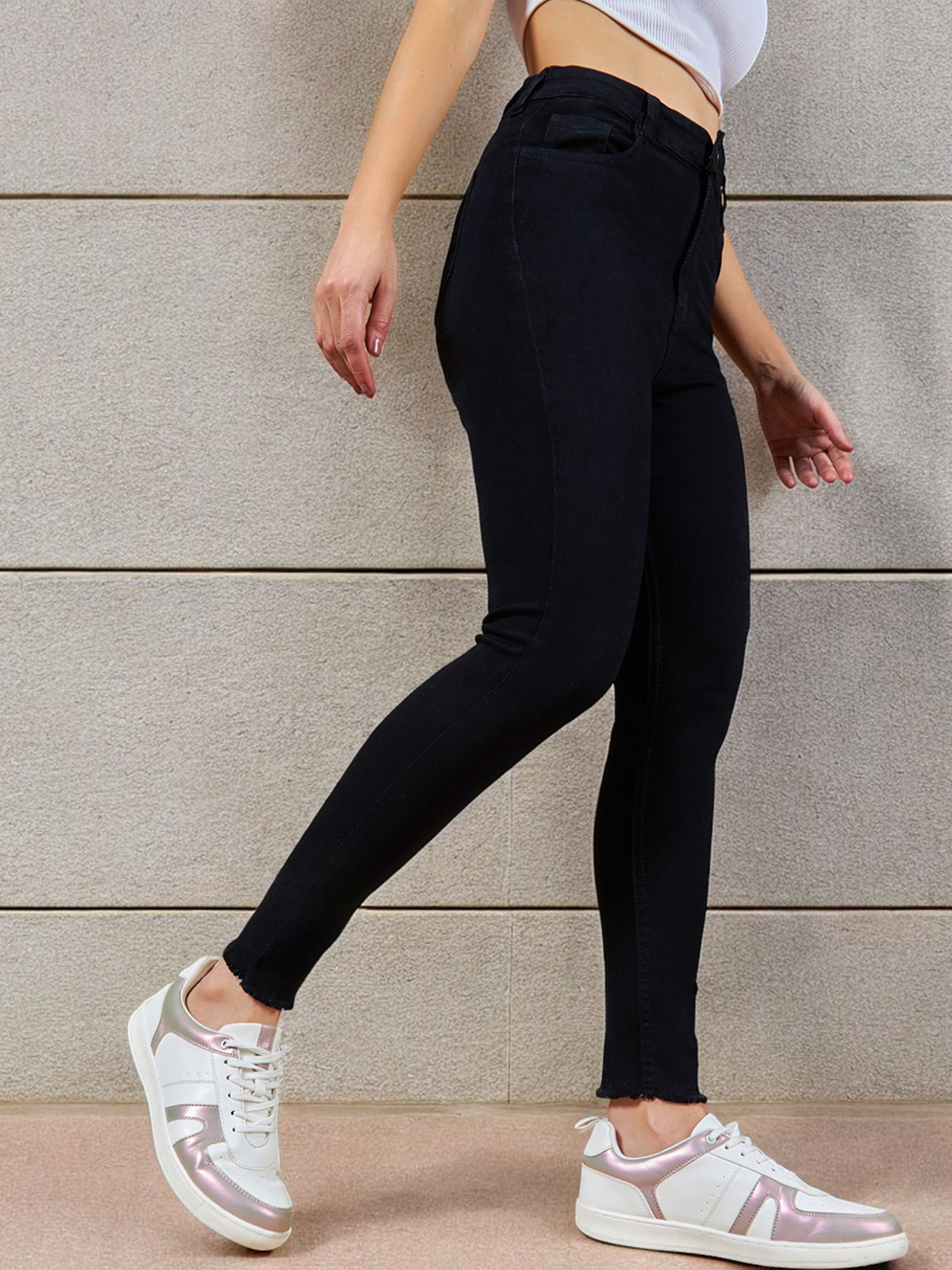 miss chase Black Skinny Fringed High Rise Cropped Stretchable Denim Jeans-picture-41