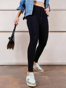 Miss Chase - Black Skinny Fringed High Rise Cropped Stretchable Denim Jeans