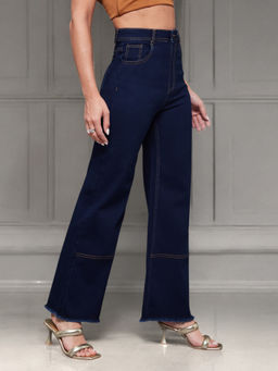 Miss Chase - Navy Blue Wide Leg High Rise Stretchable Denim Jeans