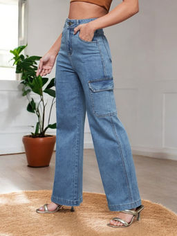 Miss Chase - Blue Wide-Leg High-Rise Heavy Wash Stretchable Cargo Denim Jeans