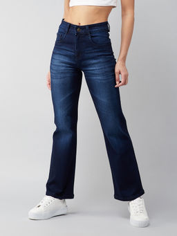 Miss Chase - Navy Blue Wide Leg Mid Rise Regular Stretchable Denim Jeans