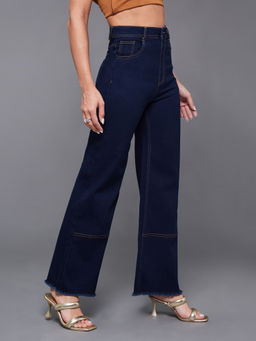 Miss Chase - Navy Blue Wide Leg High Rise Stretchable Denim Jeans