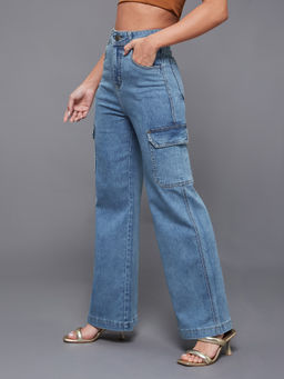 Miss Chase - Blue Wide-Leg High-Rise Heavy Wash Stretchable Cargo Denim Jeans