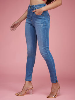 Miss Chase - Blue Skinny Fit High Rise Zipper Scraped Stretchable Denim Jeans