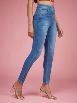 Miss Chase - Blue Skinny Fit High Rise Zipper Scraped Stretchable Denim Jeans