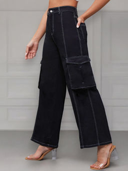 Miss Chase - Womens Black Wide-Leg High-Rise Stretchable Cargo-Pocketed Denim Jeans