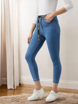 Miss Chase - Women Blue Solid Skinny Fit Jeans with Belt (Set of 2)