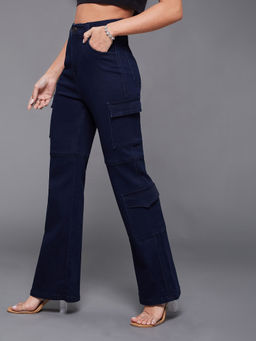 Miss Chase - Women Navy Blue Wide Leg High Rise Regular Stretchable Denim Jeans