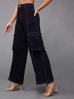 Miss Chase - Women Black Wide Leg High Rise Stretchable Patch Pocketed Denim Jeans