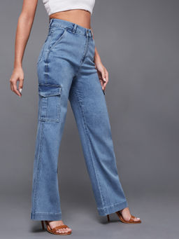 Miss Chase - Women Light Blue Wide Leg High Rise Stretchable Cargo Denim Jeans