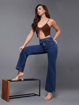 Miss Chase - Women Mid Blue Wide Leg High Rise Stretchable Denim Jeans
