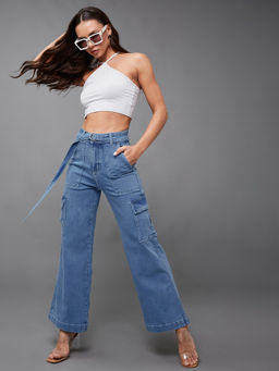 Miss Chase - Women Mid Blue Wide Leg High Rise Stretchable Cargo Jeans with Belt (Set of 2)