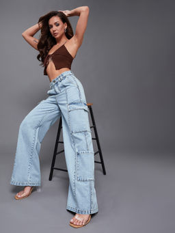Miss Chase - Women Light Blue Wide Leg High Rise Denim Pant