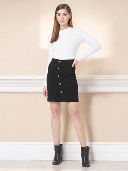 Miss Chase - Womens Black Stretchable Solid A-Line Mini Denim Skirt
