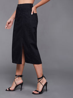 Miss Chase - Womens Black Straight-Fit High-Rise Stretchable Denim Midi Skirt