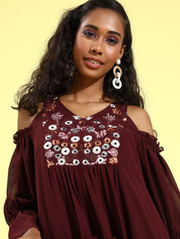 Miss Chase - Women Wine Solid Embellished Mini Dress