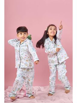 Little Shiro - White Dream Doodles Printed Lapel Collar Shirt and Pajama