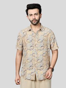 XKIND - Beige Linen Printed Regular Fit Shirt