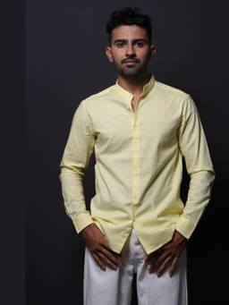 XKIND - Yellow Slub Mandarin Collar Slim Fit Shirt