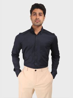 XKIND - Navy Blue Satin Slub Slim Fit Shirt
