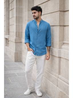 XKIND - Steel Blue Linen Blend Mandarin Collar Shirt