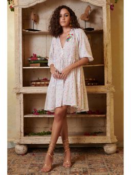 CINCIN Fashion - White Schiffly V Neck Embroidered Mini Dress