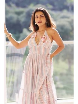 CINCIN Fashion - Multi-Color Stripe Embroidered Halter Neck Maxi Dress