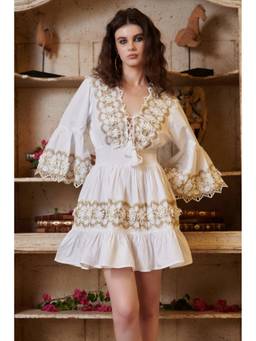 CINCIN Fashion - White With Golden Lace Mini V Neck Dress
