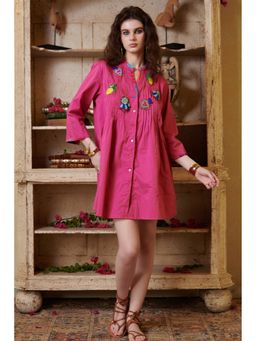 CINCIN Fashion - Fuschia Pink Embroidered Shirt Mini Dress