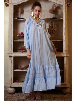 CINCIN Fashion - Blue and Silver Stripe Embroidered Maxi Tier Dress