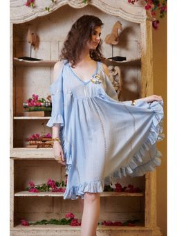 CINCIN Fashion - Pastel Stripe Embroidered Cold Shoulder Mini Kaftan