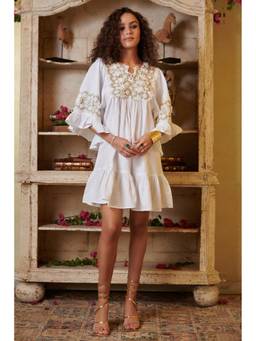 CINCIN Fashion - White and Golden Lace One Tie Mini Dress