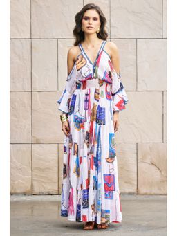 CINCIN Fashion - White Printed Cold Shoulder Maxi Dress