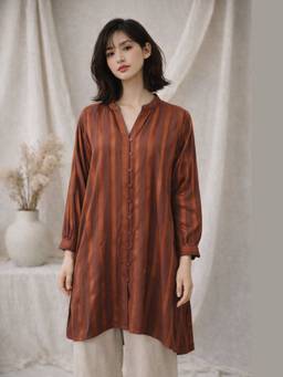 CINCIN Fashion - Brown Striped Mandarin Collar Shirt Dress