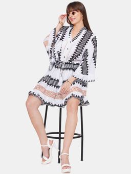 CINCIN Fashion - White Geometric Print Shirt Short Dress
