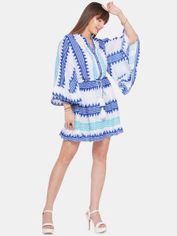 CINCIN Fashion - White Geometrical Print Short Dress With Bell Sleeves