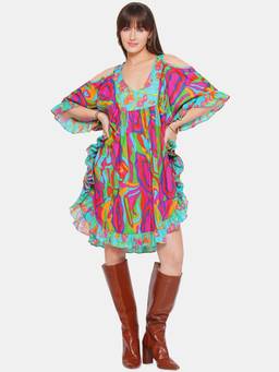 CINCIN Fashion - Cold Shoulder Multi-Color Short Kaftan Dress